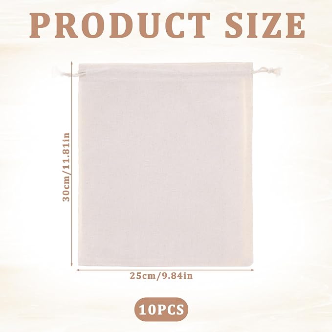 10 Pcs Reusable Produce Bags, 12"x10" Natural Linen Bread Bag Muslin Bags with Drawstring, X-Large Washable Fabric Multipurpose Canvas Cloth Gift Bag for Kitchen Food Storage, Shoe Grocery Organizer