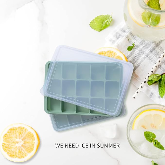 Tvmania Ice Cube Trays Set of 2, 15-Cube Silicone Molds with Removable Lids | Stackable, easy release, BPA-free, reusable, for freezer and whiskey