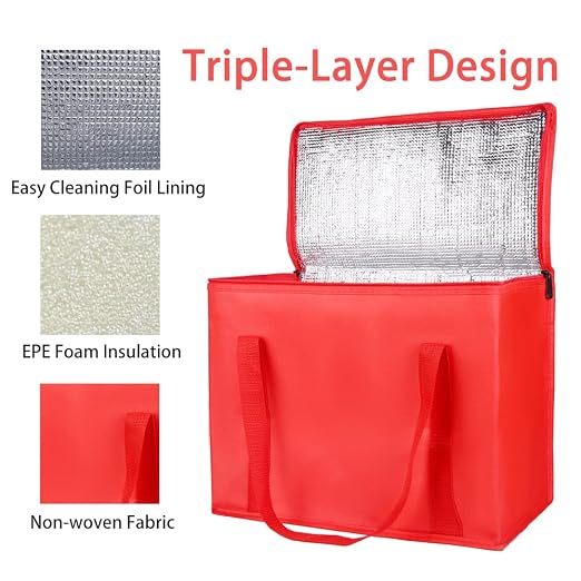 Bodaon 5-Pack Cooler Insulated Food Delivery Bag, X-Large Bags for Grocery/Catering/Shopping, Rideshare Delivery Bag, Thermal Hot Pizza, Large Cold and Frozen Accessories, XL Tote, Red