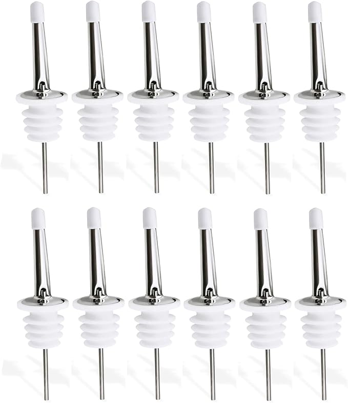 24 Pack Liquor Pour Spouts Set - Stainless Steel bottle spout and Liquor Pourers Dust Caps Covers Silver White