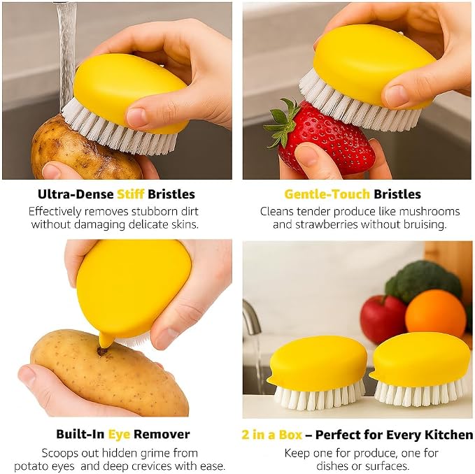 2-Pack Vegetable Brush, Dual Bristles for Daily Produce, Yellow | Dual bristles for daily produce, potatoes, carrots, fruits, greens