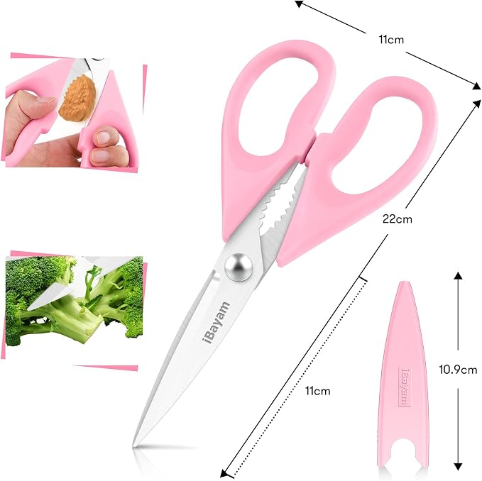 iBayam Pink Kitchen Scissors All Purpose Heavy Duty & Comfort Grip & Cover | 2-Pack Pink Kitchen Utensils Gadgets for Cooking & Baking, Dishwasher Safe, 8.7" Stainless Steel Sharp Scissors Food Poultry