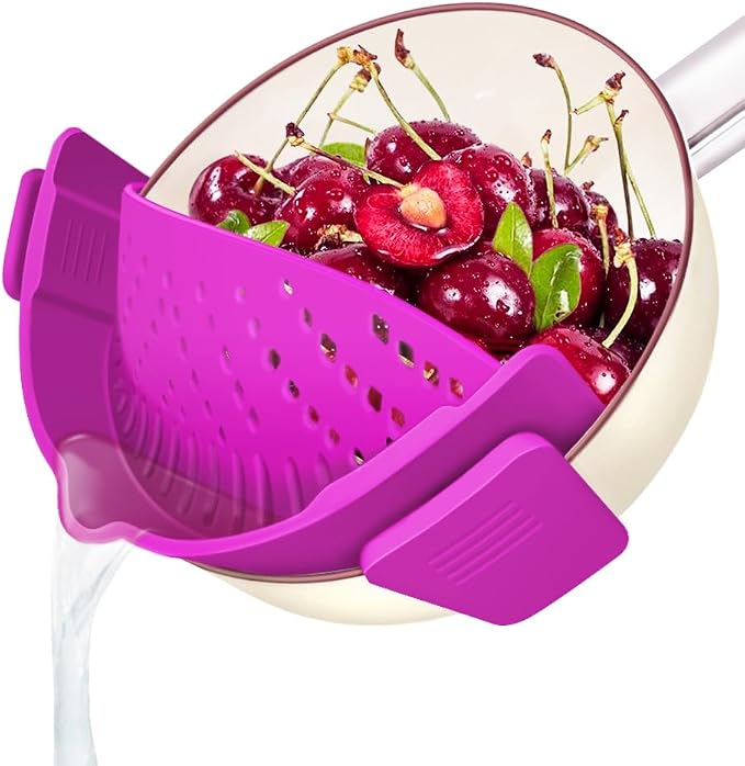 YEVIOR Clip on Strainer for Pots Pan Pasta | Food-grade BPA-free,Kitchen Food Strainer for Spaghetti, Pasta,Vegetable Fruits Fits All Bowls and Pots (Purple)