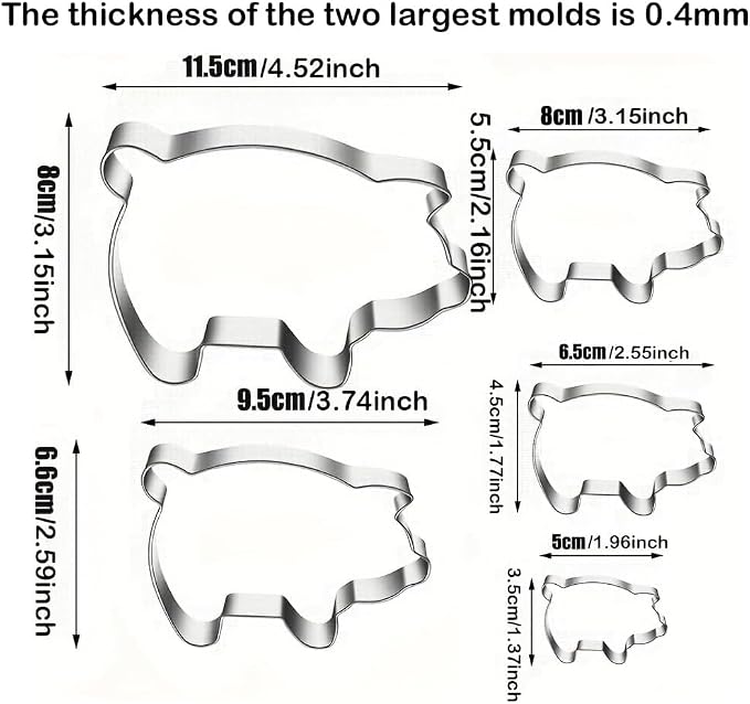 MrCookie Pig Cookie Cutters Set, 5pc Thickened Stainless Steel.