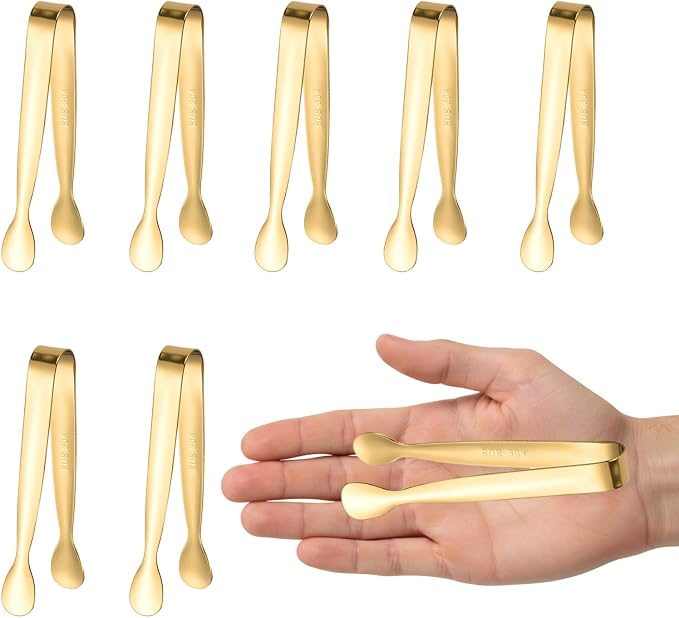 8PCS Gold Mini Metal Tongs, 4.3"/11cm,Stainless Steel,for Ice Cube, Sugar | Small Kitchen Accessories for Serving Food, Salad, Toaster, Desserts