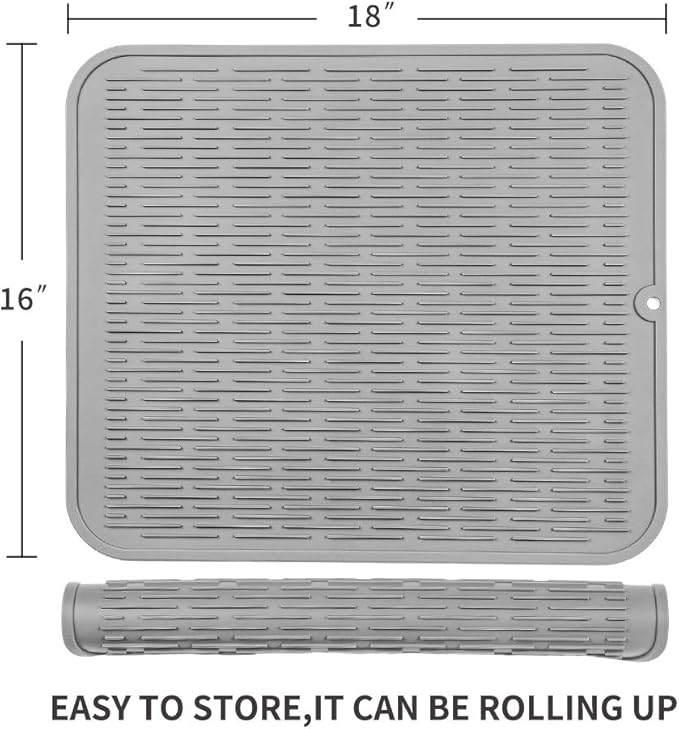 MicoYang Silicone Dish Drying Mat for Multiple Usage,Easy clean,Eco-friendly,Heat-resistant Silicone Mat for Kitchen Counter or Sink,Refrigerator or Drawer Liner Grey XL 18 inches x 16 inches