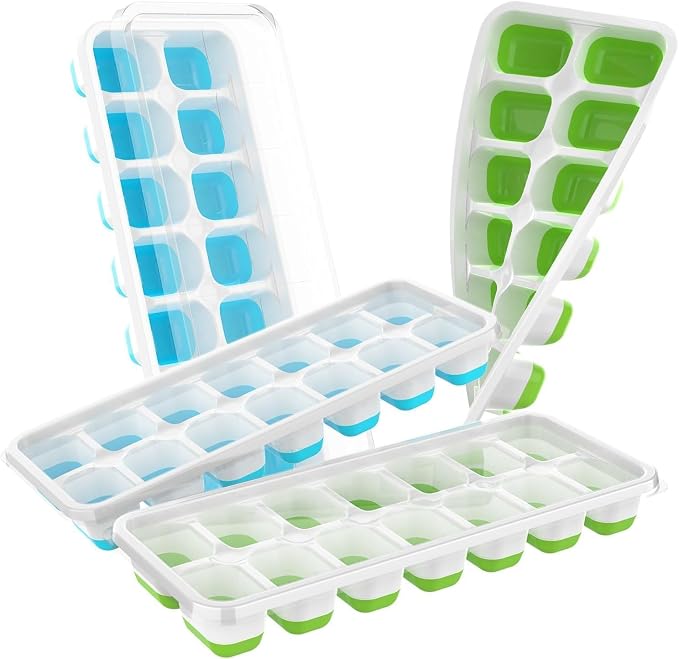ChefAide Ice Cube Tray with Lid, 4 Packs 56 Cubes Durable Stackable Ice Cube Trays for Freezer with Removable Lids, Easy-Release Plastic & Silicone Ice Tray for Cocktail, Coffee