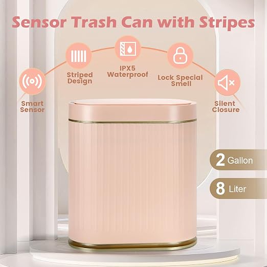 SYNCVIBE Bathroom Sensor Trash Can with Lid, 2 Gallon, Automatic Lid, Pink | 7.5 Liter Smart Garbage Bin, Slim IPX5 Waterproof Plastic Wastebasket, Small Trash Bin for Bedroom, Office and Living Room