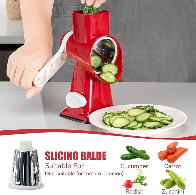 KEOUKE Rotary Cheese Grater Hand Crank Red - Shredder Slicer Grinder 3 Stainless Steel Blades, Stable Suction, Labor-Saving Handle, Safe Kitchen Tool for Cheese, Vegetable, Nuts, Chocolate