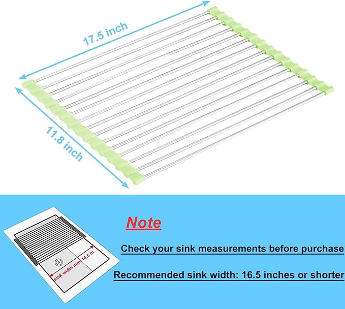 Seropy Roll Up Dish Drying Rack Over The Sink Drying Rack for Kitchen Counter, Rolling Dish Rack Over Sink Mat, Foldable Dish Drainer Stainless Steel Rack Kitchen Organization Green 17.5"x11.8"