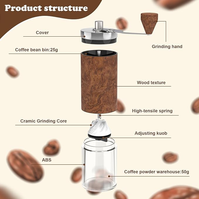 Manual Coffee Grinder, Portable Coffee Grinder, Burr Mill, Foldable Crank | Fine-to-coarse grind adjustment, stainless steel body, clear grounds cup and cleaning brush for home, office or travel.