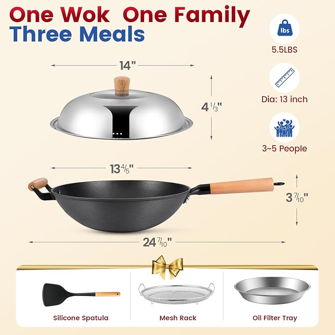 AOSION 13'' Nonstick Wok, Cast Iron Wok with Lid, Wok Pan & Stir-Fry Pans | Chinese Woks Pan With Lid
