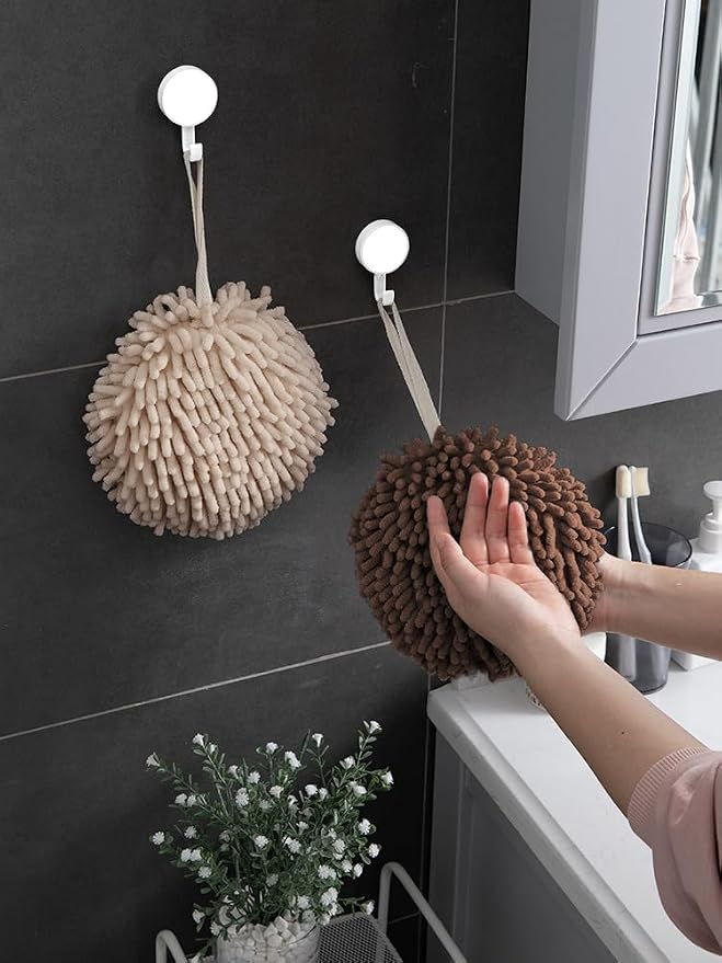 Sophie & Panda Fuzzy Ball Towel (Set of 2) Creamy and Brown - Dry Your Hand conveniently with This Creative Bath Towel Set Decorative Towels for Bathroom (Pack of 2)