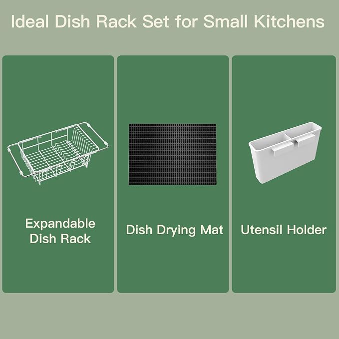 White Dish Drying Rack Over The Sink with Utensil Holder, Mat | Expandable Stainless Steel Dish Drainer for Small Kitchen, Apartment, RV, Counter Space Saving, Perfect Fit, Rustproof