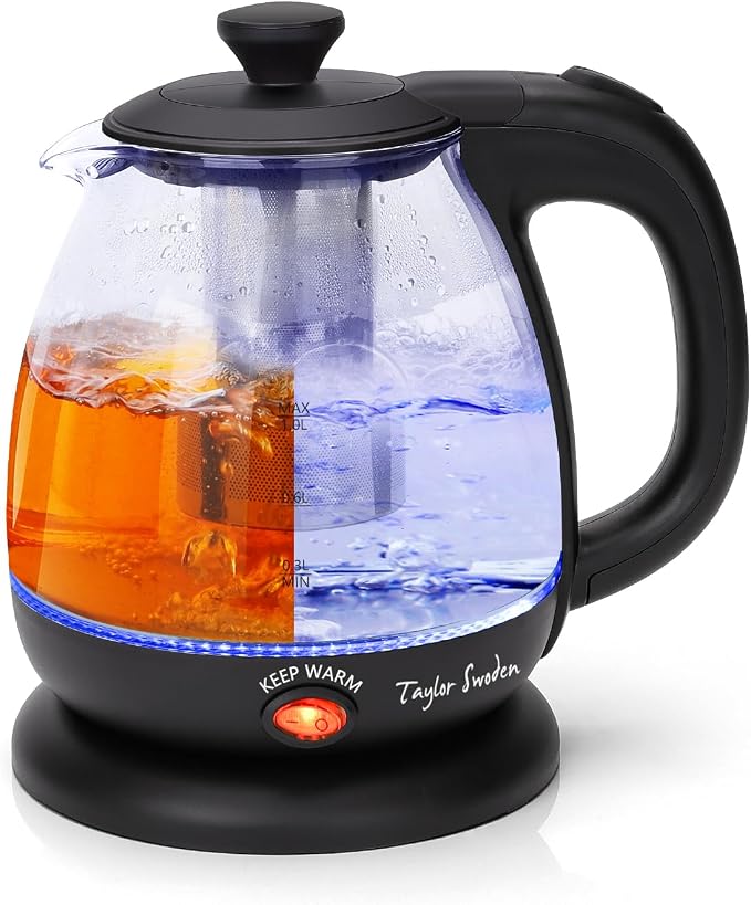 Taylor Swoden Electric Kettle with Tea Infuser, 1L, Black | Keep Warm, LED Light, Auto Shut-Off & Boil Dry Protection, BPA Free