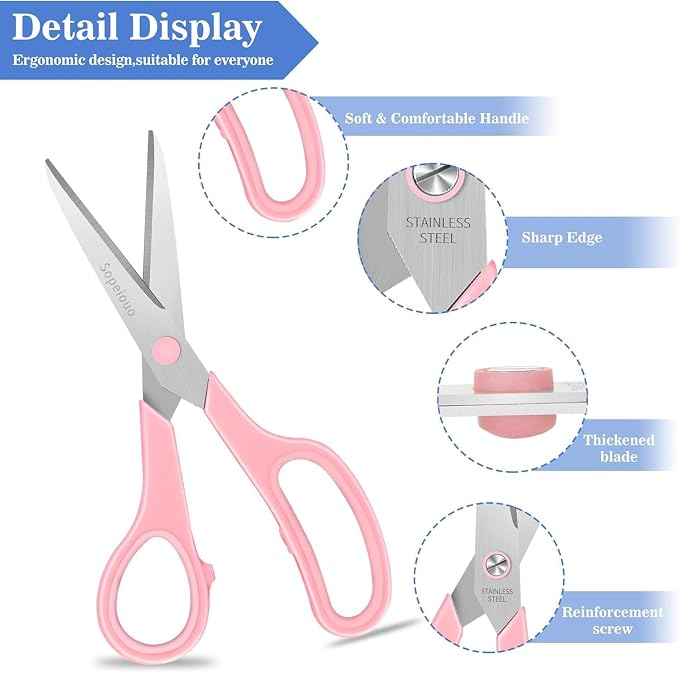 6 Pcs 8” Scissors, Sharp Stainless Steel Comfort Grip for Everyday Use | Right/Left Hand, All Purpose Scissor for Office Home School Craft Sewing Fabric Supplies, High/Middle School Student Teacher