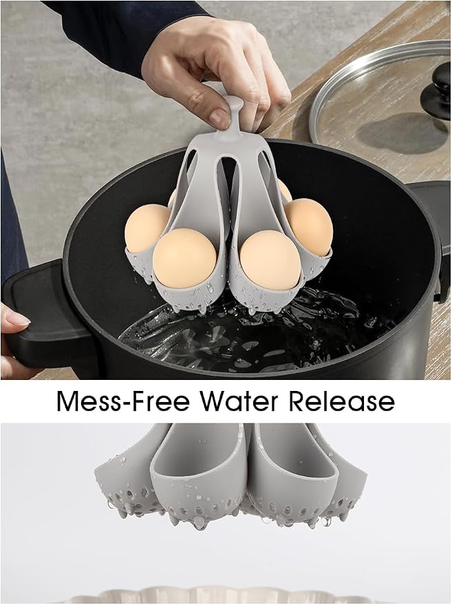6 Egg Silicone Boiler Rack, Food-Grade Egg Cooker for Hard Soft Boiled Eggs, with Handle Poached Egg Mold, Dishwasher Safe BPA-Free Kitchen Gadgets (Gray)