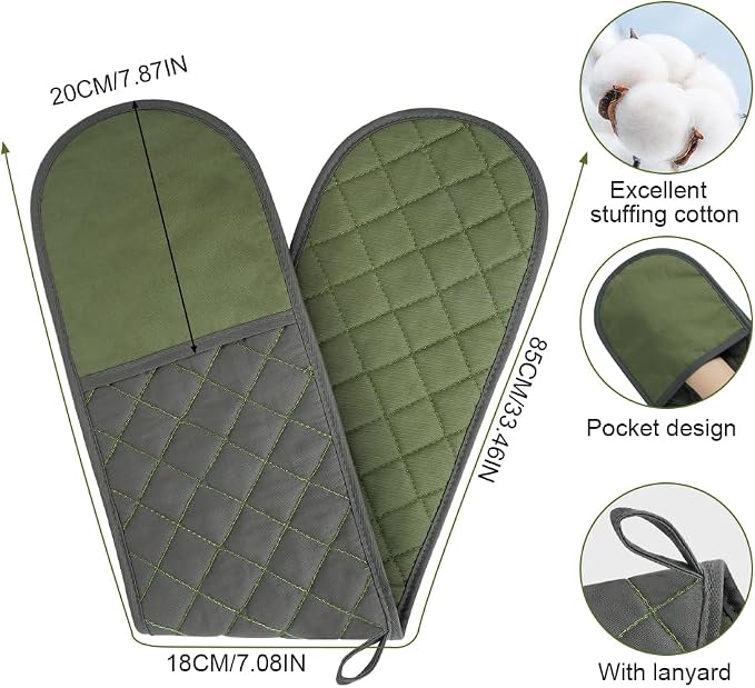 AUAUY Green Double Oven Mitts, 250°C/482°F Heat Resistant BBQ Mittens | with Ropes, Silicone Non-Slip Design Kitchen Mittens, Cooking Glove Kitchen Accessories for Cooking Baking Grilling