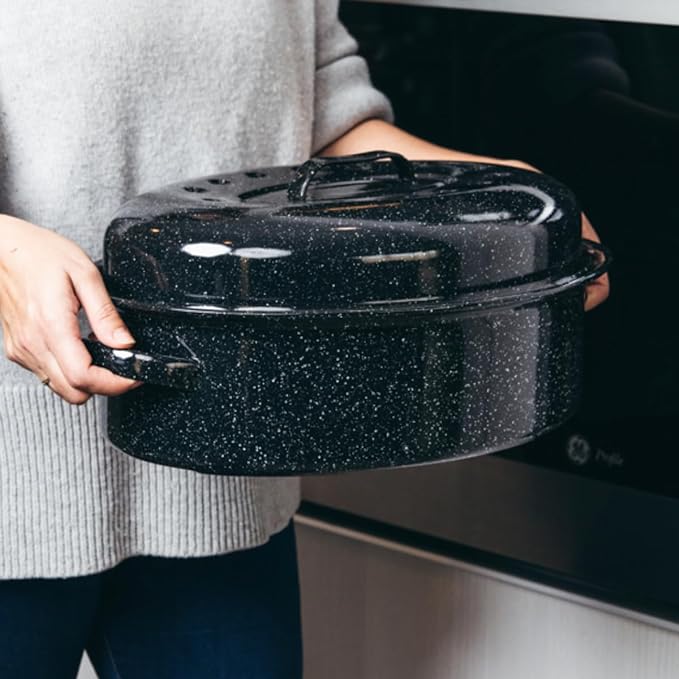 Granite Ware Covered Oval Roaster, 20 Lb Capacity - Speckled Black | Porcelain Surface Enamel Steel Roasting Pan with Lid, Oven & Grill Safe Cookware for Poultry, Meats, Vegetables & Roasting