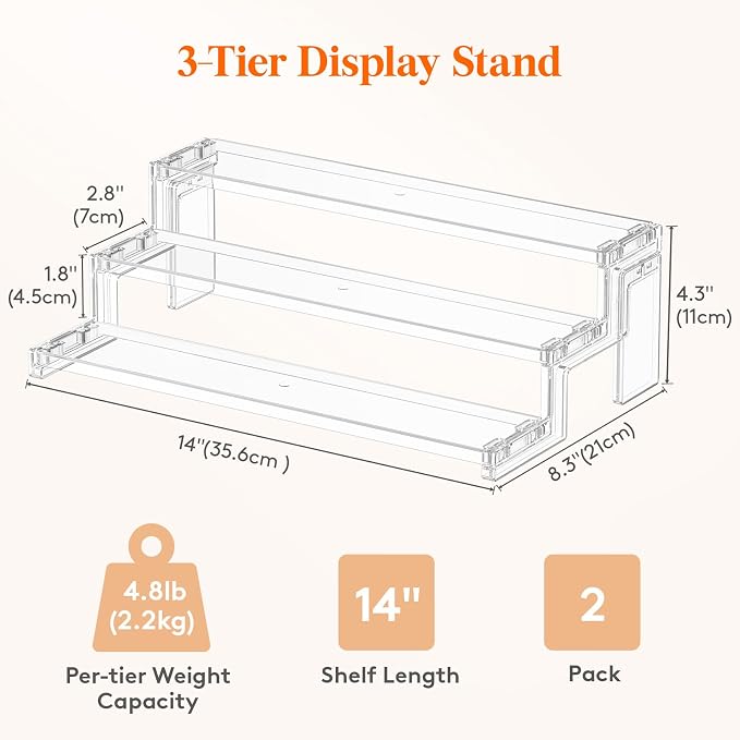 Lifewit 14″ Spice Rack, Perfume Cologne Stand,Tool-Free Assembly, 2 Pcs | 3-Tier Clear Display Riser Shelf, Cupcake Stand, Seasoning Figurine Makeup Holder, Room Decor, Kitchen Cabinet Storage