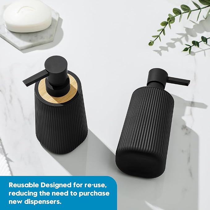 YAUKPH Small Soap Dispenser for Bathroom and Kitchen Bamboo Decor Black | Modern Farmhouse Striped Style Plastic Hand Soap Dish Soap Dispenser