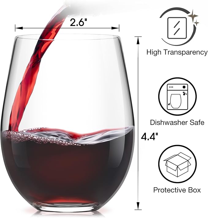 Stemless Wine Glasses Set of 12, 15oz Red White Wine Glass, No Stem | Glassware, Sturdy Drinking Glass, Home Bar, Daily Use, Hosting, Evening Party, Birthdays, Housewarming
