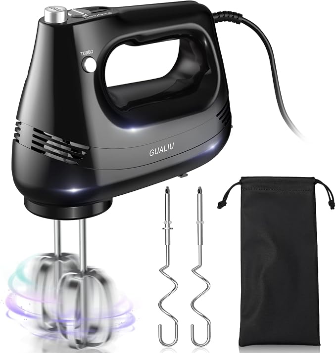 GUALIU Electric Hand Mixer, 304*(2* Beaters, 2* Dough Hooks), (1* Storage Bag) Handheld Mixer for Baking Cakes, Eggs, Cream Food Mixers, Turbo Boost /5 Speed Kitchen Blender BLACK