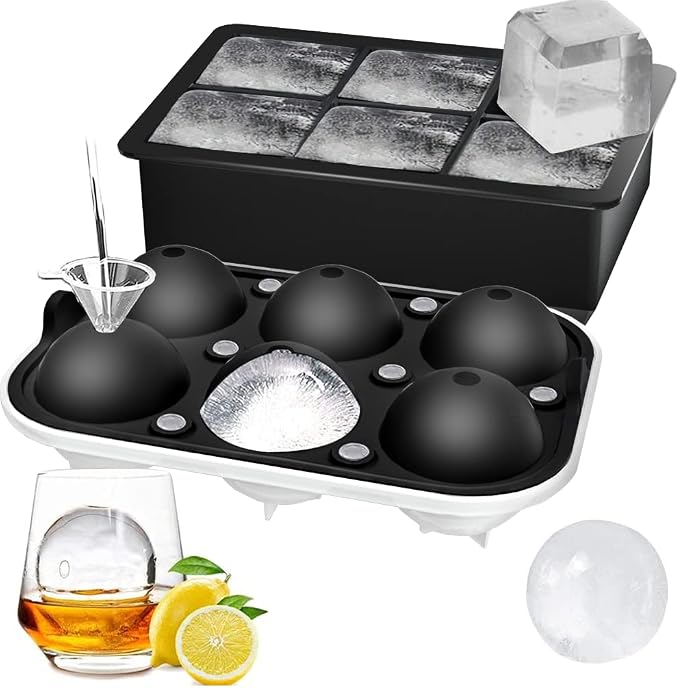 2 Pack Ice Cube Tray, 2" Sphere Ice Ball Mold with Lid & Large Square Maker | Perfect for Whiskey, Cocktails, Bourbon, and Homemade Drinks, Creating Slow-Melting Ice That Keeps Beverages Chilled Longer