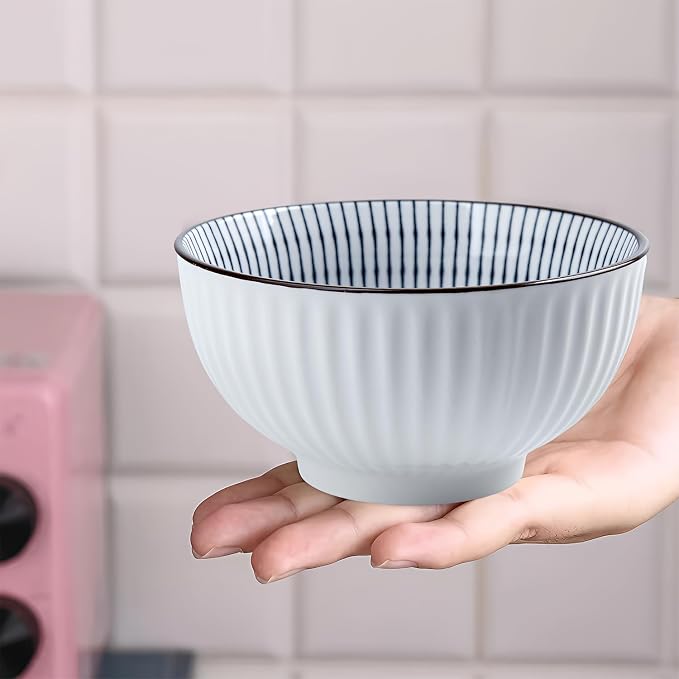 10 oz Small Ceramic Bowls Set of 6, 4.5 Inch Japanese Blue and White Bowls for Ice Cream, Rice, Dessert, Snack, Dipping, Microwave and Dishwasher Safe - Striped Pattern