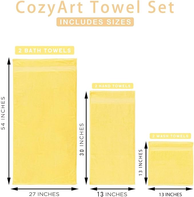COZYART Luxury Bath Towel Set 3 PCS, Yellow 100% Turkish Cotton 650 GSM | OEKO-Tex 100 Certified Zero Twist Ring Spun, Soft Absorbent Quick Dry, Plush Fluffy, Breathable Hotel Quality for Daily Use