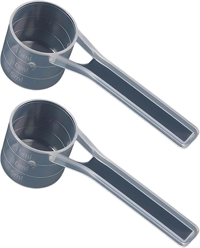 Long handle Clear Plastic Measuring Scoops 2 Pack - 15ml 10ml 5ml 3-in-1 Multi-Measurement Scoopers for Protein Powder, Creatine, Supplements and Liquids - Food Grade BPA Free PP Material