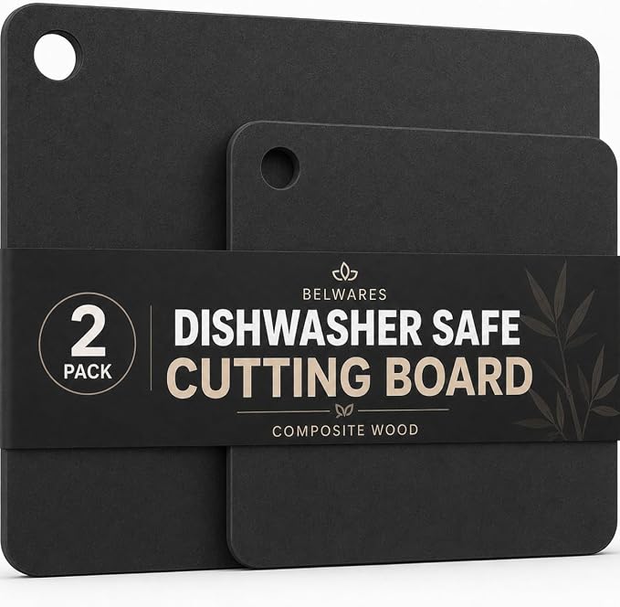 Belwares Dishwasher Safe Composite Cutting Board Set, Black Slate, 2 Pack | Heat Resistant, BPA Free, Thin Lightweight Design, Easy-Grip Handle Holes, Two Sizes for Chopping, Serving and Meal Prep