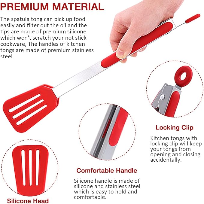 12 Inch Kitchen Tongs Set of 3, Cooking Tongs with Silicone Tips | Stainless Steel Handle, Non-Scratch, Heat Resistant, for Cooking, Baking, Grilling