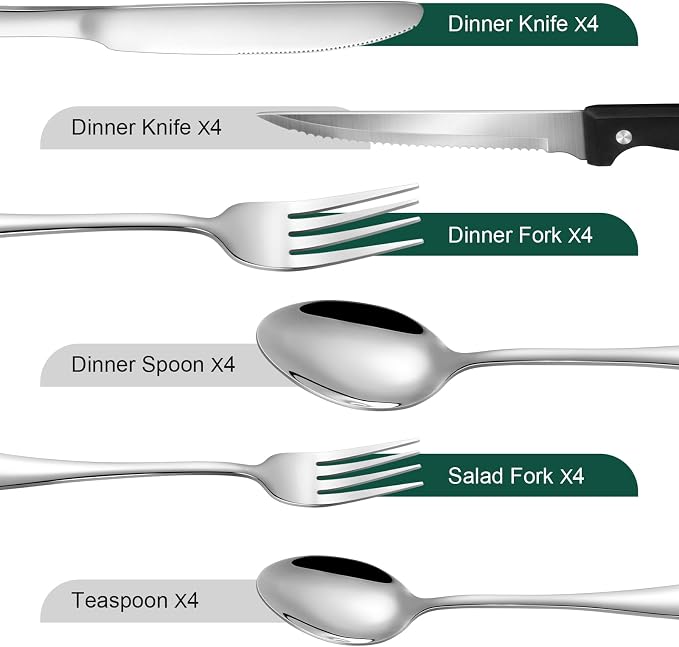24-Piece Silver Silverware Set with Steak Knives Black Stainless Steel Flatware Set for 4 Food Grade Tableware Cutlery Set Rust-proof, Mirror Polished, Dishwasher Safe