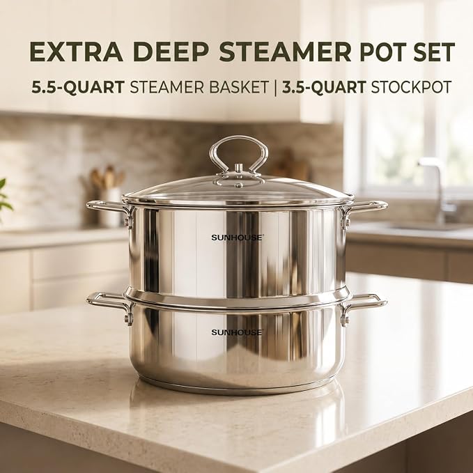 SUNHOUSE 9.3 QT Stainless Steel Steamer Pot for Cooking with Glass Lid | 5.5 QT Steamer Basket & 3.8 QT Stockpot - 2-Tier Large Vegetable Steamer Food with Stay-Cool Handles - Tri-ply Induction Base