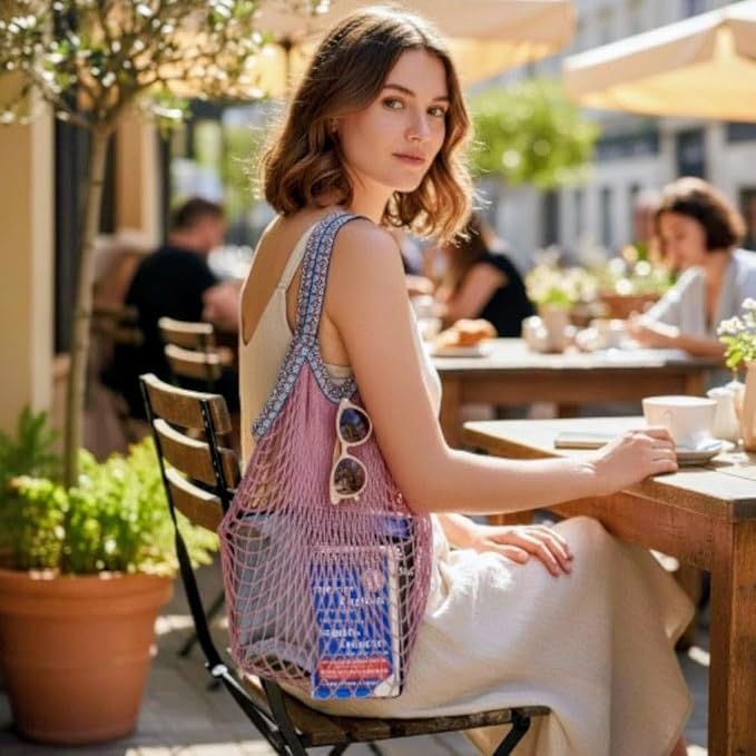 Earth and Tomorrow 2-Pack Reusable Mesh Grocery Bags – Foldable Cotton Net Totes with Jacquard Straps & Reversible Pouch | Cotton Mesh Fabric