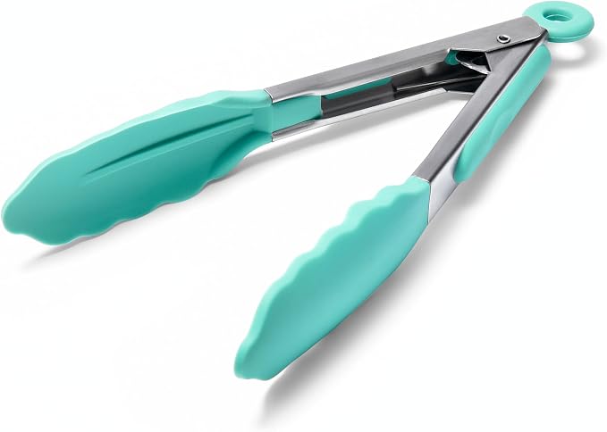 Doosu Kitchen Tongs with Silicone Tips for Cooking Serving (7in, Aqua Sky) | 600°F Heat Resistant Food Tong, Heavy Duty Stainless Steel Locking Tong for BBQ, Grilling Steak, Salad, Toast, Pasta