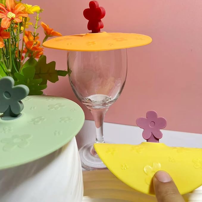 flower Silicone Cup Covers (Set of 3), Multicolored Silicone Lids for Mugs, Cups, Flexible Mug Covers, Tea Pots, Hot Cup Lids for Coffee & Tea (Style B)