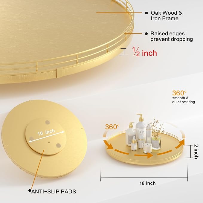 Oroyutor 18-Inch Oak Lazy Susan Organizer with Gold Metal Rail | Oak wood base, gold metal rail and smooth 360-degree rotation for dining tables, kitchen counters and spice storage.