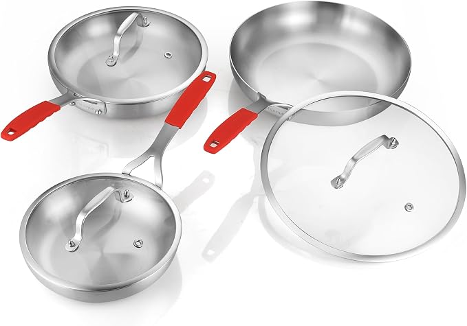 DELARLO Tri-Ply Stainless Steel Frying Pan Set 8" 10" 12" With Lid skillets | Stainless Steel Pan Cooking Heat fast and evenly Compatible with All Cooktops Dishwasher and Oven Safe