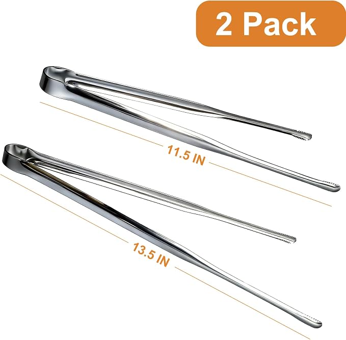 Stainless Steel Kitchen Tongs 2 Set, Non-Slip Serrated Tips, One-Piece Metal Cooking Tongs for Grilling, Plating, BBQ & Baking (11.5” & 13.5”)
