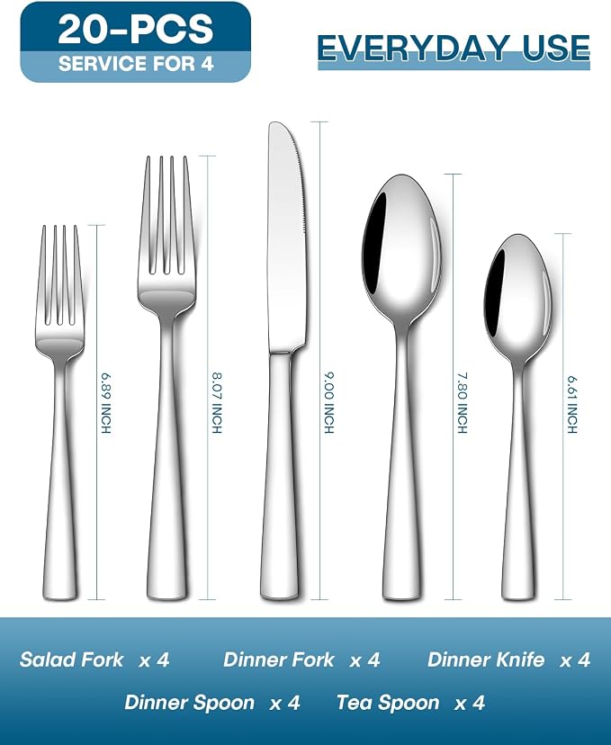 Stapava 20 Piece Silverware Set, Food-Grade Stainless Steel Flatware Sets for 4 Mirror Polished Cutlery Utensil Sets Include Dinner Knives Spoons and Forks Set Dishwasher Safe for Home Restaurant