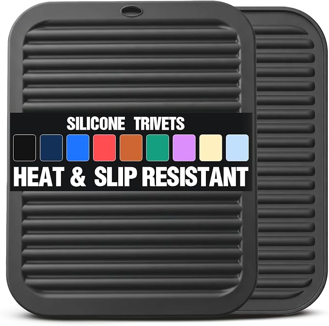 Silicone Trivets for Hot Pots and Pans - 2 Heat Resistant Pot Holders Silicone Trivet Mat Multipurpose Counter Pads (Black)