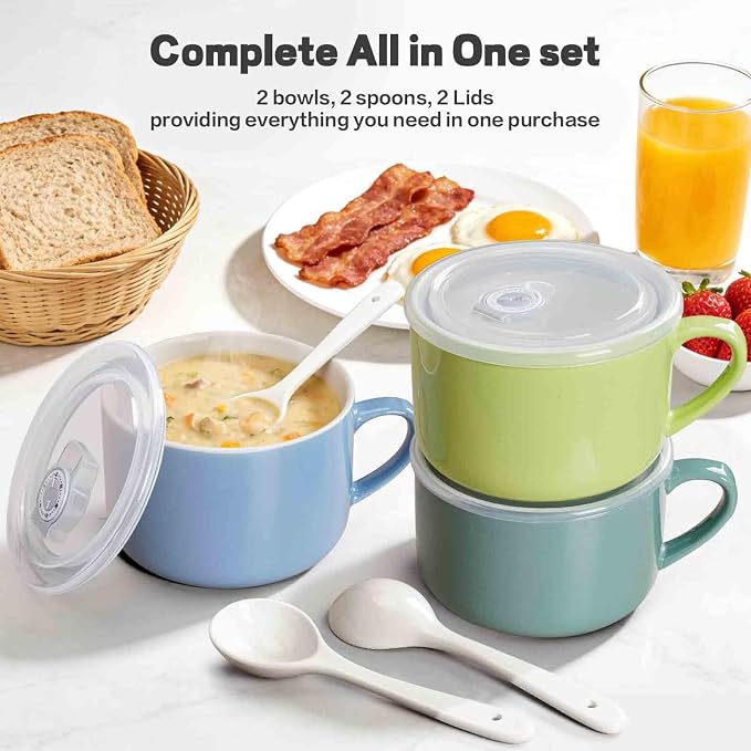 Soup Bowls with Handles & Spoons, 30oz Ceramic Ramen Bowl with Lid, Large Soup Mugs/Cups for Instant Noodle, Big Cereal Bowls for Oatmeal, Soup Containers with Lids, Set of 2, Teal Blue