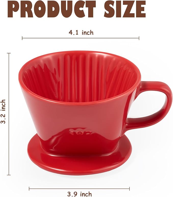 Pour Over Coffee Dripper, Ceramic Pour Over Coffee Maker, Red | 3 Holes Flat Bottom, Easy Manual Brew Maker, Porcelain Slow Filter Cone for Travel, Camping, Office, Home