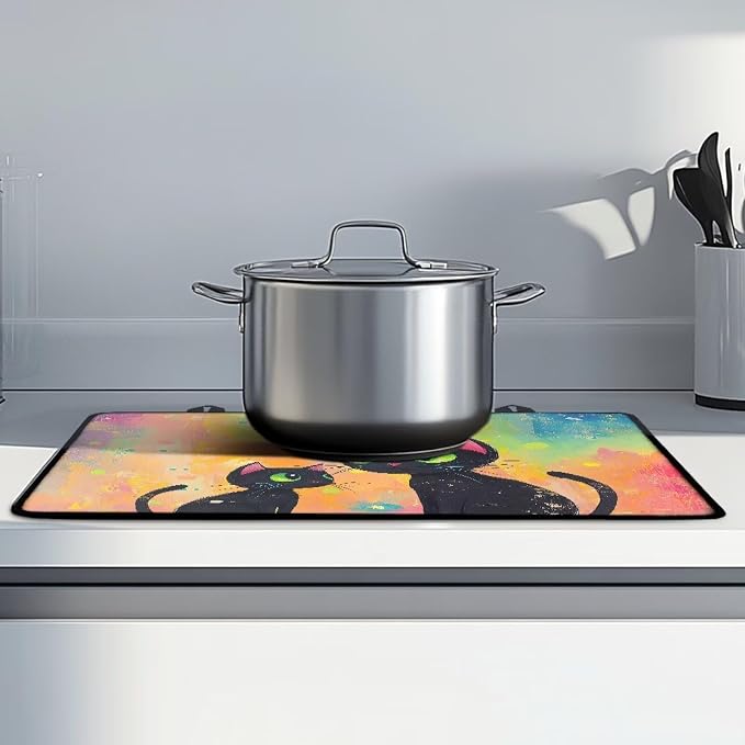 Cartoon Black Cat Oil Painting Print Stove Top Covers for Electric Stove Thick Induction Silicone Stove Cover Mat Anti-Slip Range Covers Ceramic Table Protector, 29.18 x 20.96 inch