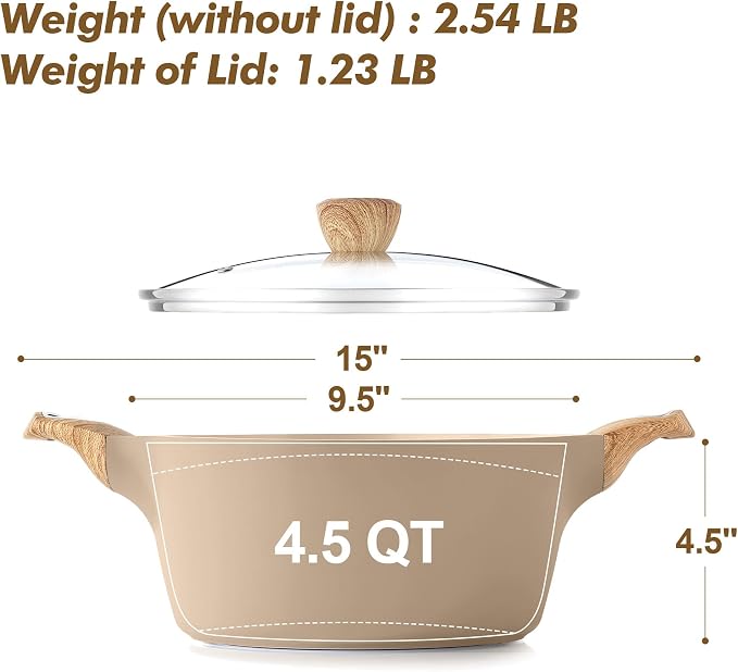 SENSARTE Ceramic Nonstick Stock Pot with Lid, 2.6/4.5/6.6/8.5/11 QT Soup Pot Casserole Pot, Non-toxic Healthy Pasta Pot, Large Cooking Pot Stew Pot, Induction Compatible, PFOA PFAS PTFE Free, Taupe