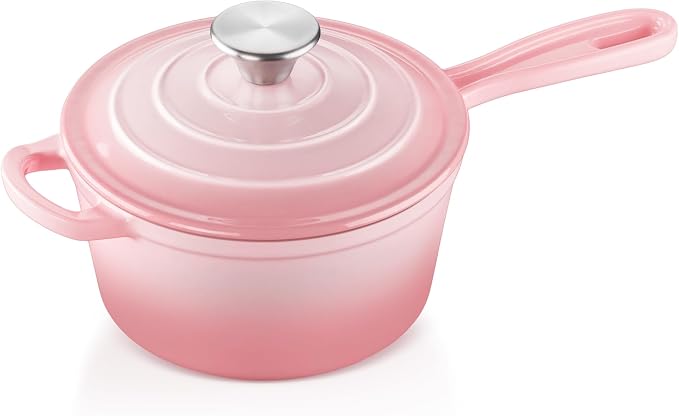 1 Quart Sauce Pan with Lid, Leonyo Small Cooking Pots, Enameled Cast Iron Cookware Set Simmer Pots for Kitchen Induction Boiling Soup, Bread, Ramen - Up to 500°F & Oven Safe, Pink
