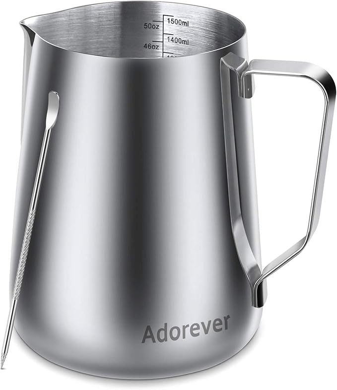 Milk Frothing Pitcher, 50oz Steaming Pitcher Stainless Steel Espresso Machine Accessories for Coffee Bar, Cappuccino Barista Tools Milk Jug Steamer Frother Cup with Decorating Latte Art Pen