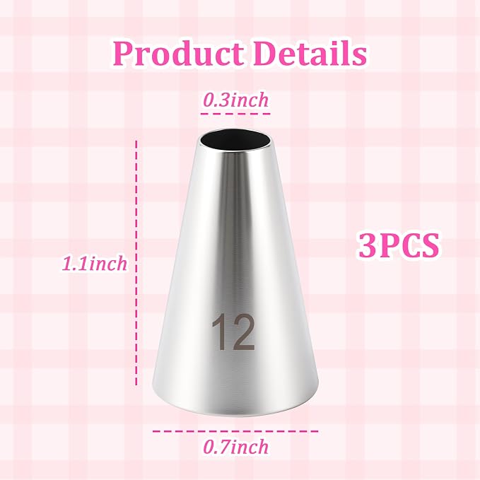 3 Pcs Round Piping Tip, #12 Stainless Steel Reusable Icing Nozzles | Professional Cake & Cookie Decorating Tips Set for Macarons, Cupcakes, Frosting and Baking Projects